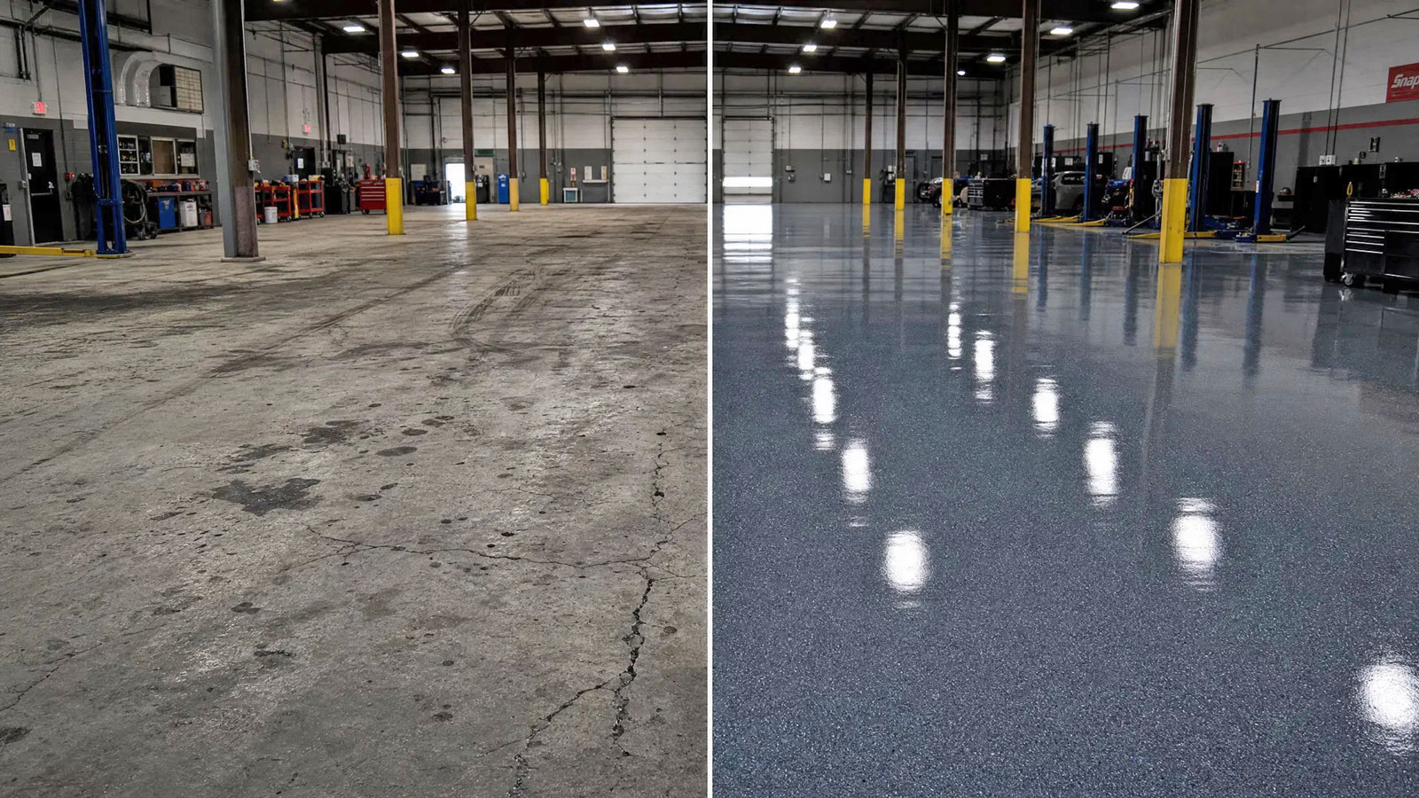 Commercial floor coating before and after — auto shop in New Haven CT